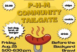 Advertisement for a community tailgate event featuring food, drinks, and games at a local high school stadium.